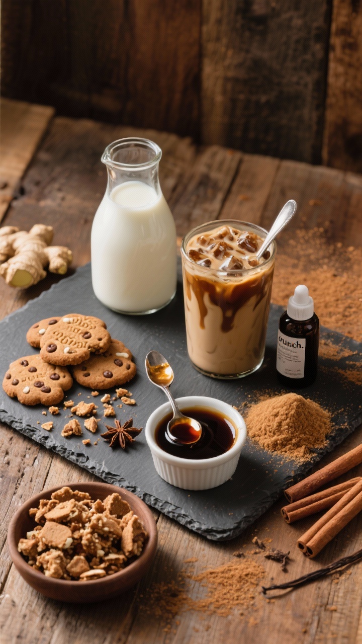 An overhead flat-lay ingredient scene for a Gingerbread Cookie Crunch Frapp: chilled cold brew in a small carafe, milk of choice, a spoonful of dark molasses glistening in a ramekin, light and dark brown sugar mounds, vanilla extract in a dropper bottle, ground ginger, cinnamon, and cloves neatly pinched on a slate board. Include a handful of crumbled gingerbread cookies in a small dish for the “crunch.” Warm, cozy tones with a rustic wooden backdrop and a dusting of spice on the board. Soft, directional light for aromatic mood; no hands or people.