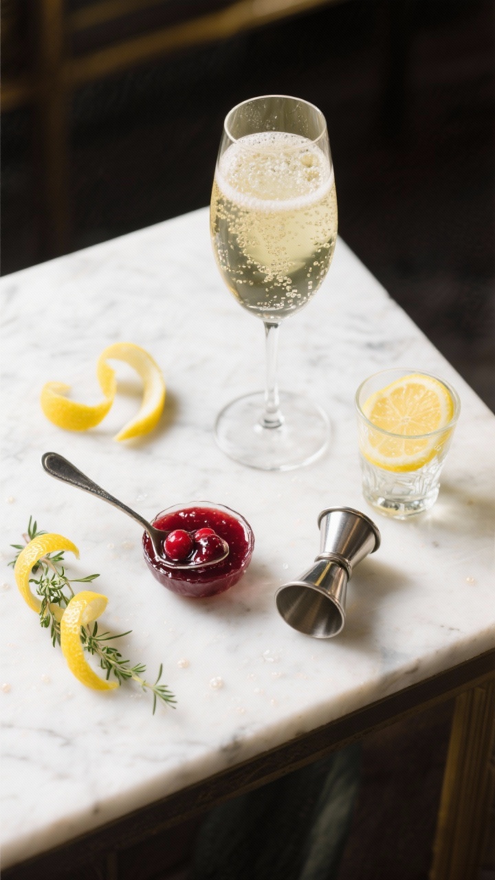 An overhead flat lay ingredients shot for a Sparkling Cranberry Thyme French 75: a coupe glass with 3 oz chilled Brut sparkling wine, a small spoonful of glossy cranberry jam (smooth style) ready to be dissolved, a jigger with 1 oz London dry gin, 3/4 oz fresh lemon juice in a small glass, optional 1/2 oz simple syrup, and fresh thyme sprigs; lemon twists curled on a cool marble surface with tiny champagne bubbles in the filled coupe; deep ruby jam contrasting with pale lemon and clear gin; clean, bright mood with crisp highlights and minimal shadows.