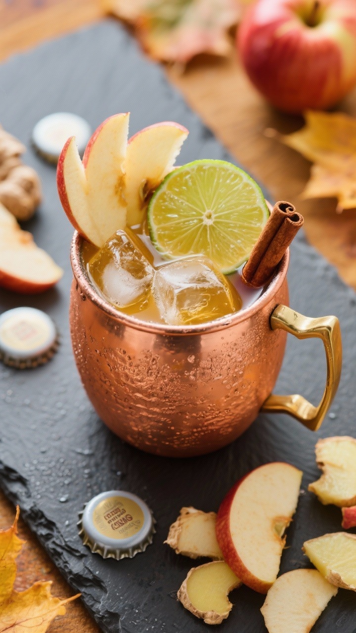 An overhead flat lay of an Apple Cider Mule served in a frosty copper mug packed with ice, golden apple cider and vodka topped with lively ginger beer, garnished with a fanned apple slice, lime wheel, and a cinnamon stick; scattered apple slices and ginger beer cap on a slate board, bright and refreshing autumn palette.