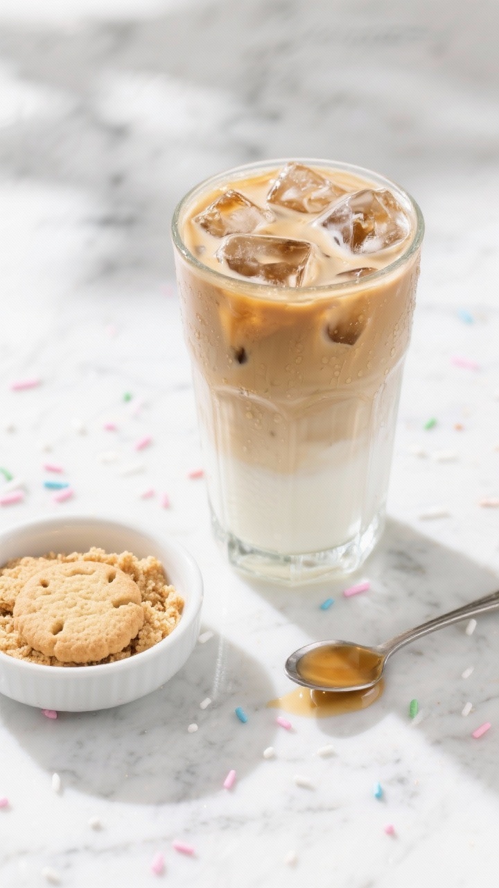 An overhead flat-lay of an Iced Sugar Cookie Latte with frosted vibes: tall glass packed with clear ice cubes, cooled double espresso (or cold brew concentrate) layered with 3/4 cup milk (2% or oat), pale tan gradient, glossy condensation on the glass; a small bowl of sugar cookie crumbs and a teaspoon with 2–3 tablespoons of syrupy sugar-cookie sweetener drizzled on the surface; festive pastel sprinkles scattered on the table, bright daylight on a white marble backdrop for a crisp, refreshing mood.