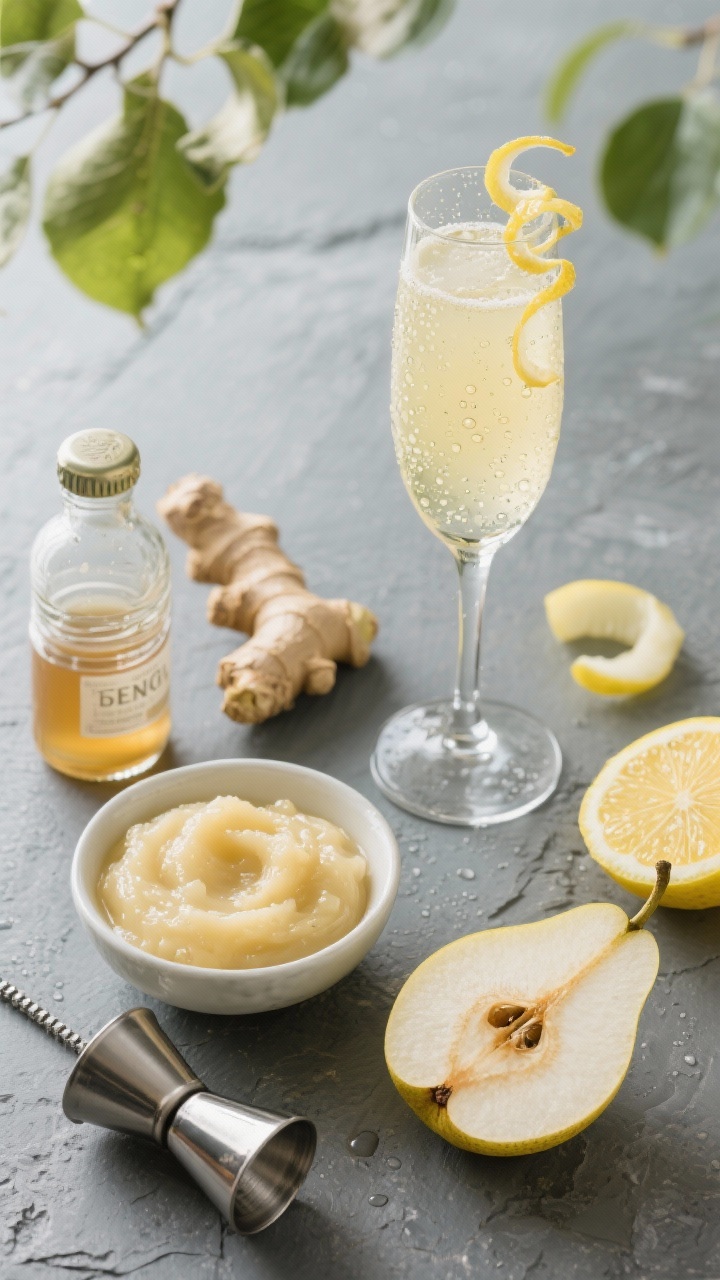 Fall Cocktails That’ll Make Your Evenings Feel Extra Cozy An overhead flat-lay of ingredients and assembly for a Pear & Ginger Fizz on a cool slate surface: pear vodka bottle, a small jar of ginger syrup, a bowl of fresh pear puree (ripe Bartlett/Anjou), halved pears showing juicy grain, a jigger, lemon halves and a squeezer, and a tall chilled flute already partially filled with dry sparkling wine; droplets of condensation on the flute, zest curls of lemon and thin pear slices off to the side; bright, airy styling evoking crisp orchard air with pale greens, soft yellows, and effervescent bubbles.