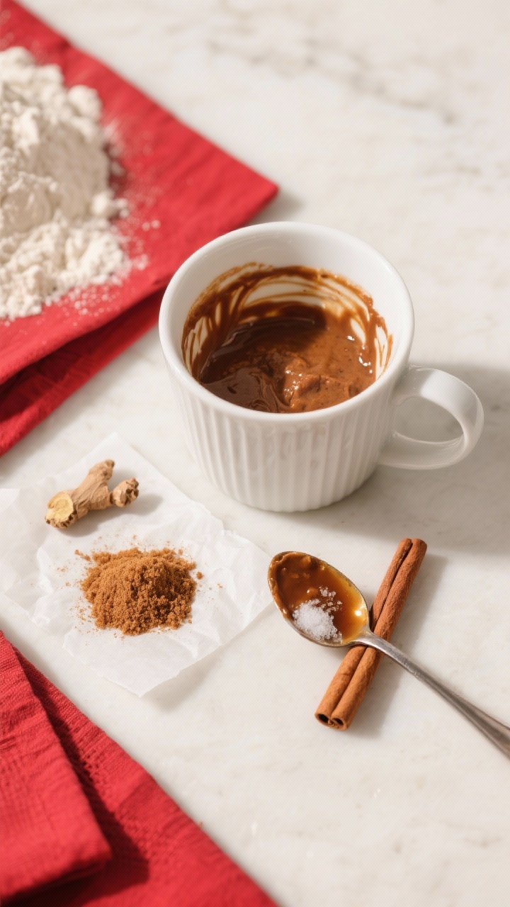 An overhead ingredient-and-mug prep shot for gingerbread mug cake: a white microwave-safe mug with a partially mixed batter showing streaks of molasses, brown sugar, flour, baking powder, ground ginger, cinnamon, and a pinch of salt. A tablespoon with residual molasses gloss rests beside the mug; tiny mounds of spices and brown sugar are neatly styled on parchment. Warm, bright kitchen light, clean ceramic surface, with a festive hint from a cinnamon stick and a minimal red napkin. Emphasis on quick, ready-in-minutes comfort.