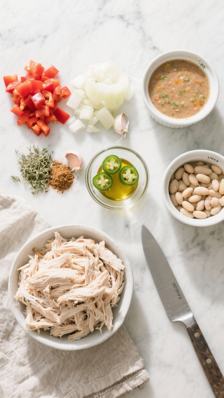 An overhead ingredient-prep flat lay for dairy-free, veggie-packed white chicken chili: neatly arranged diced red bell pepper, minced jalapeño, large diced onion, minced garlic, ground cumin, dried oregano, and olive oil in a small glass bowl; a mound of shredded chicken and a bowl of white beans ready to cook, labeled ramekins and a clean chef’s knife, neutral linen on a marble surface, bright natural light, crisp shadows, clean minimalist styling, emphasizing a creamy-yet-dairy-free concept through abundance of vegetables and broth components