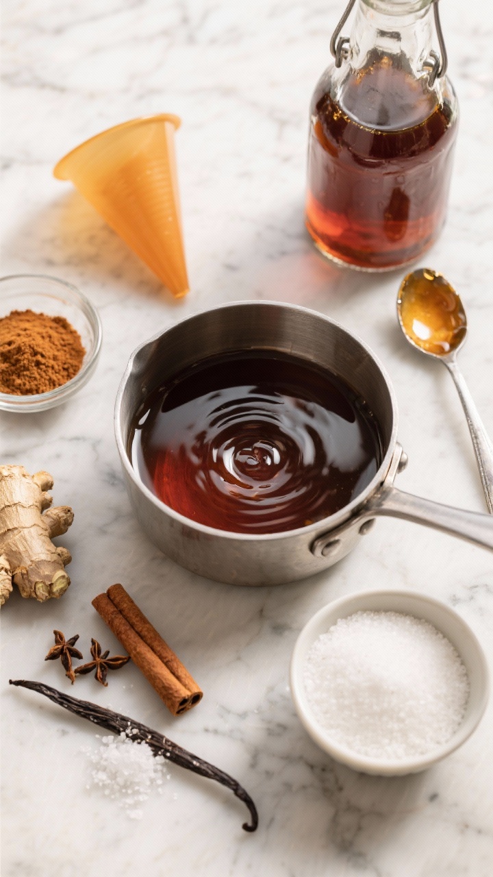 An overhead ingredient-process shot of Barista-Level Gingerbread Syrup you’ll put on everything: a small saucepan on a marble surface with dark molasses swirling into simmering water and granulated sugar (1 cup), surrounded by measured spices—ground ginger, cinnamon, cloves, and a pinch of nutmeg—plus a vanilla bean pod and a tiny pinch of salt. A glass bottle with a funnel ready for decanting, a sticky spoon with syrup sheen, and warm amber highlights that emphasize the glossy, spiced syrup texture.
