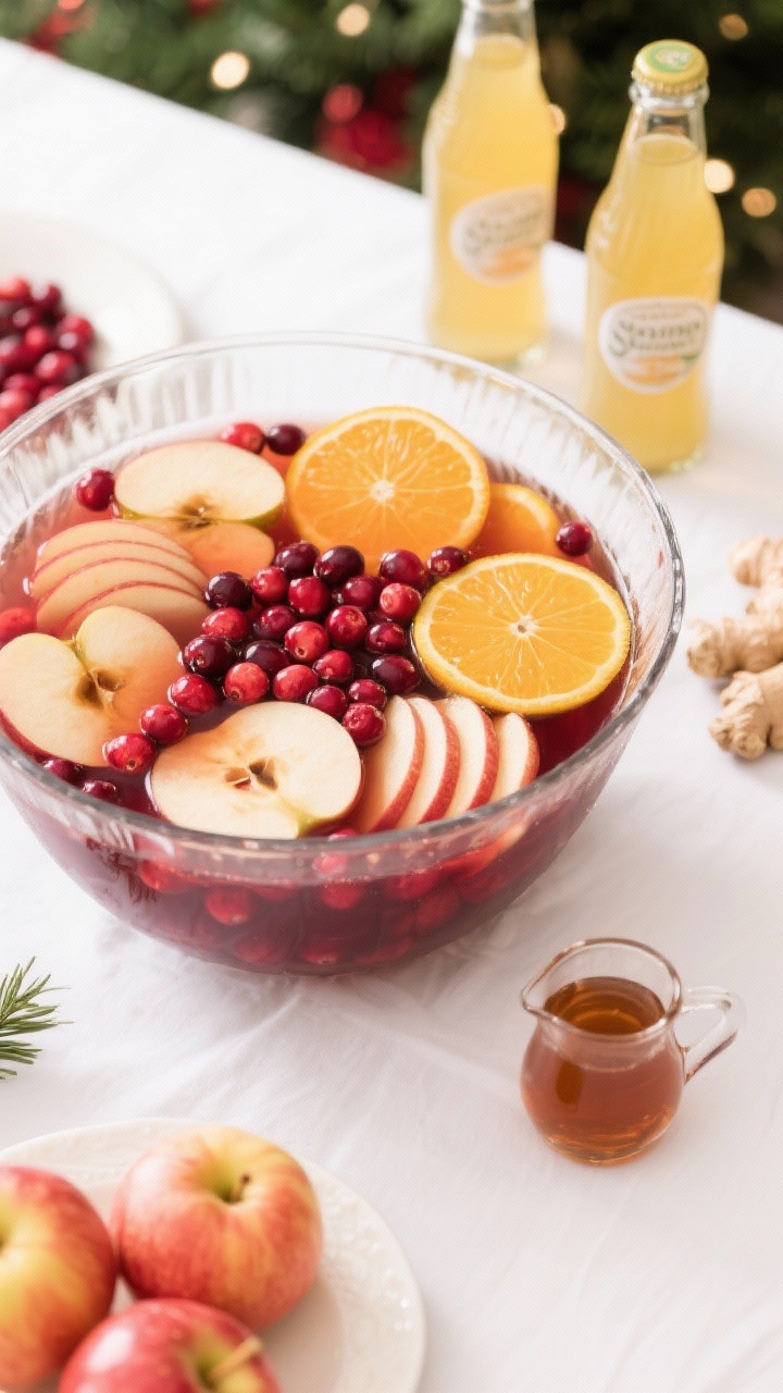 An overhead ingredients-to-punch scene for Spiced Cran-Apple Punch: a large clear punch bowl filled with cranberry juice, apple cider, and a splash of fresh orange and lemon juices, garnished with thin apple wheels and floating cranberry clusters; a small pitcher of maple syrup to the side, bottles of ginger ale ready to pour, all on a bright holiday table.