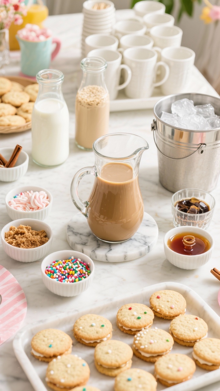 An overhead party-ready ingredient-and-finish spread for a Big-Batch Sugar Cookie Latte Bar: a large glass pitcher of pre-brewed espresso-milk base on a marble slab, surrounded by small bowls of festive sprinkles, sugar cookie crumbs, cinnamon-sugar, and flavored syrups; carafes of whole milk, oat milk, and half-and-half for custom mixes; ice bucket for iced versions, mugs and tall glasses neatly arranged; a tray of mini sugar cookies as garnish; bright, inviting brunch light, clean styling that communicates DIY assembly and abundance.