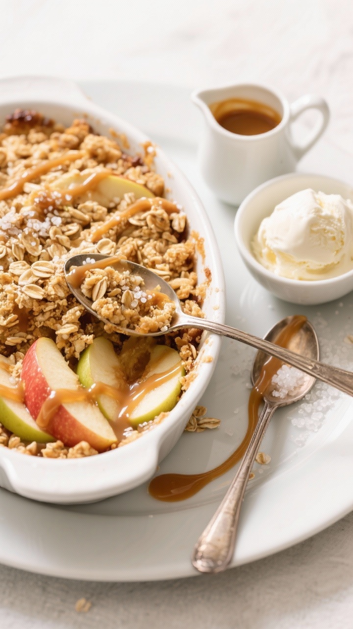 An overhead plated dessert scene of no-fuss apple crisp with oat crumble and salted caramel drizzle. A bubbling baking dish shows tender 1/4-inch apple slices (mix of Honeycrisp and Granny Smith) peeking through a golden oat topping; a spoonful served into a small bowl beside it. Visible sugar crystals (granulated and brown) clinging to the fruit juices, and a glossy ribbon of salted caramel drizzled over the crisp and onto the plate. Add a small pitcher of caramel and a scoop of melting vanilla ice cream for contrast; bright, inviting light to make the crumble texture pop.