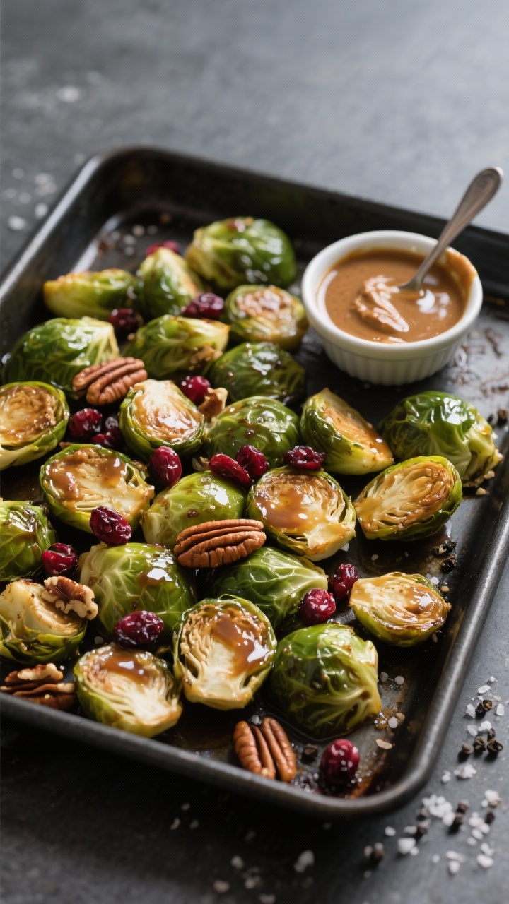 An overhead roasting-pan scene of halved Brussels sprouts tossed with a maple–miso glaze, ready to go into the oven: miso paste whisked with pure maple syrup and a splash of apple cider vinegar clinging to the sprouts. Scatter toasted pecans and a few jewel-like dried cranberries for sparkle. Olive oil glistens; kosher salt and black pepper flakes visible. Dark sheet pan on a matte slate surface, with a small ramekin of extra glaze and a spoon showing the lacquered texture.