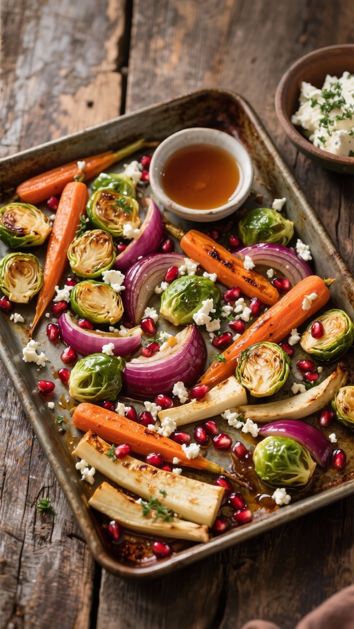An overhead sheet-pan scene of maple-roasted winter vegetables: carrot and parsnip batons, halved Brussels sprouts, and red onion wedges tossed in olive oil and pure maple syrup, roasted until charred at the edges. Finished with jewel-like pomegranate arils and a crumble of herbed feta scattered across the caramelized vegetables. The colors pop—emerald sprouts, orange carrots, cream parsnips, magenta pomegranate. A small dish of extra maple syrup and a bowl of herbed feta sit nearby. Rustic baking sheet on a worn wooden table for a cozy, wholesome mood.