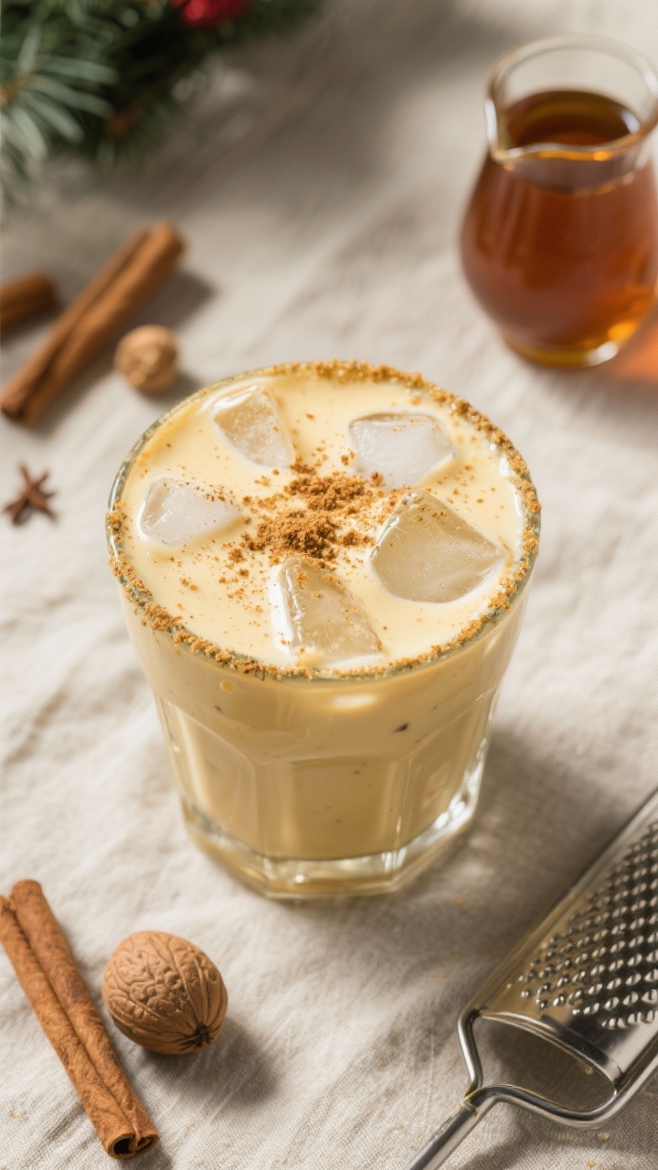 An overhead shot of a Cozy Eggnog Latte Frap final drink: thick, pale-golden eggnog blended with chilled strong coffee for a creamy, speckled appearance. Served in a short rocks glass with crushed ice, finished with a dusting of ground nutmeg and cinnamon, and a light maple syrup sheen around the rim. Include whole nutmeg, a small grater, and a tiny pitcher of maple syrup as styling elements on a neutral linen. Warm holiday mood, soft diffused lighting to emphasize creaminess and spice; no human presence.