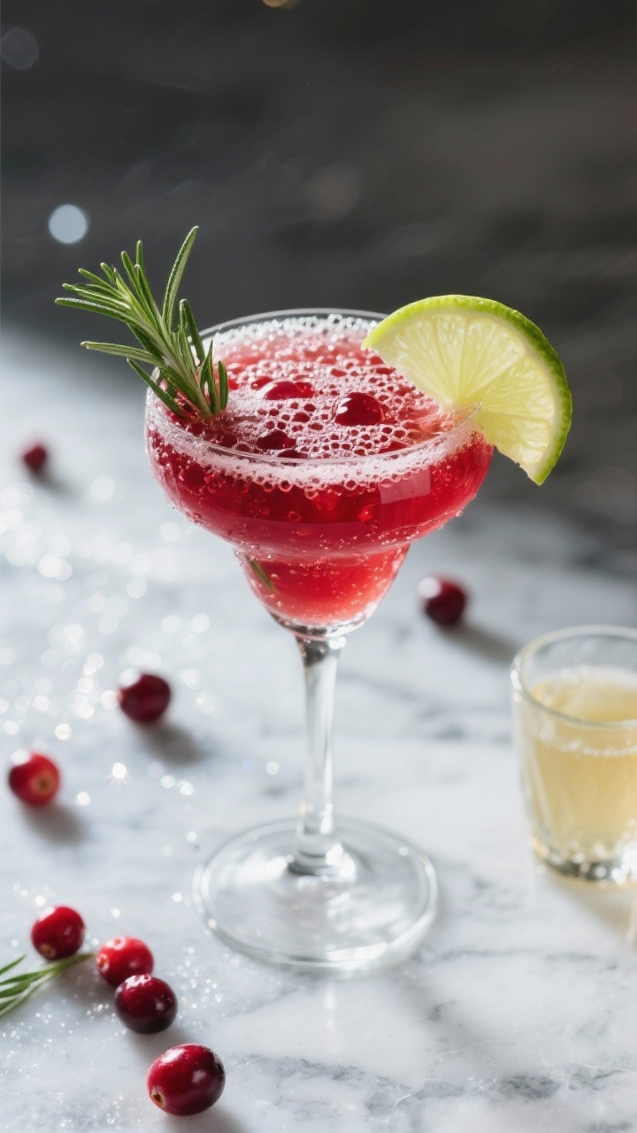 An overhead shot of a Cranberry Rosemary Sparkler in a tall flute, vibrant ruby cranberry juice topped with fine bubbles of chilled prosecco, a sprig of fresh rosemary tucked along the rim, lime wedge and a thin lime wheel nearby, optional simple syrup in a small glass to the side; styled on a frosty marble surface with scattered cranberries and delicate sparkle bokeh.