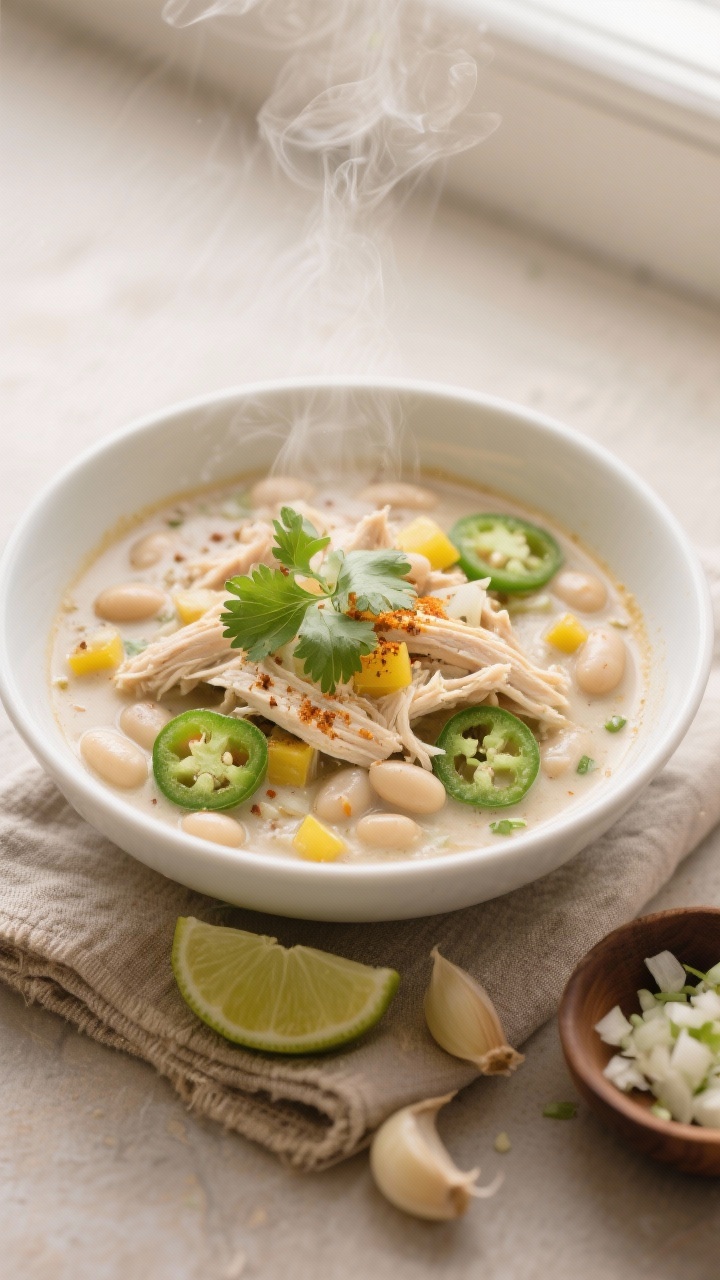 An overhead shot of a creamy classic white chicken chili in a matte white bowl, showcasing tender shredded chicken, creamy white beans, diced yellow onion, minced jalapeño, and visible flecks of cumin and chili powder; steam rising, garnished with a few cilantro leaves and a lime wedge on the side, rustic linen napkin and a small dish of minced garlic nearby, warm neutral tones, soft window light, shallow depth of field, no people