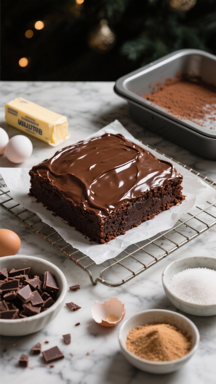 An overhead shot of a glossy classic fudgy brownie cake just frosted with silky chocolate ganache, set on a parchment-lined cooling rack over a marble surface; the slice reveals a dense, moist crumb. Surround with the key ingredients used: a stick of unsalted butter with wrapper folded back, chopped bittersweet chocolate shards, bowls of granulated sugar and light brown sugar, cracked large eggs with shells nearby, and a buttered cake pan dusted with cocoa. Low, moody holiday lighting to emphasize rich chocolate sheen, no people, professional food styling.