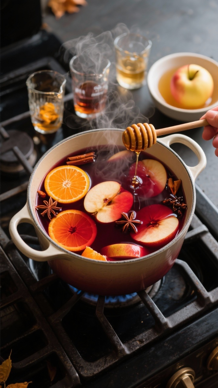 Fall Cocktails That’ll Make Your Evenings Feel Extra Cozy An overhead shot of a simmering pot of Mulled Wine Sangria mid-prep: deep ruby red wine base with floating orange wheels, apple slices, and whole spices, plus visible measures of brandy and orange liqueur being staged in small glass pitchers; honey or maple syrup in a spoon dripping into the pot, and a separate bowl with apple cider ready to pour; rustic enamel pot on a dark stovetop with soft steam rising, rich jewel tones and cozy warmth suggesting the first sip of fall.