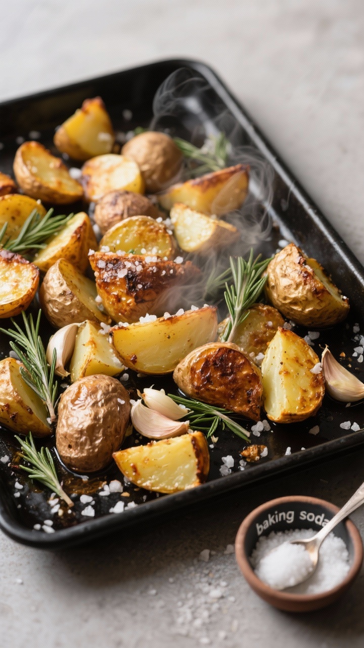 An overhead shot of crispy duck fat potatoes on a sheet pan: Yukon Gold chunks with craggy, blistered edges, glistening from duck fat, tossed with garlic and rosemary. Coarse kosher salt sprinkled to finish, flecks of sea salt visible. A tiny bowl labeled “baking soda” off to the side as a styling cue, with a spoon. Steam subtly rising, golden-brown tones against a matte black pan for contrast, clean rustic styling, no people.