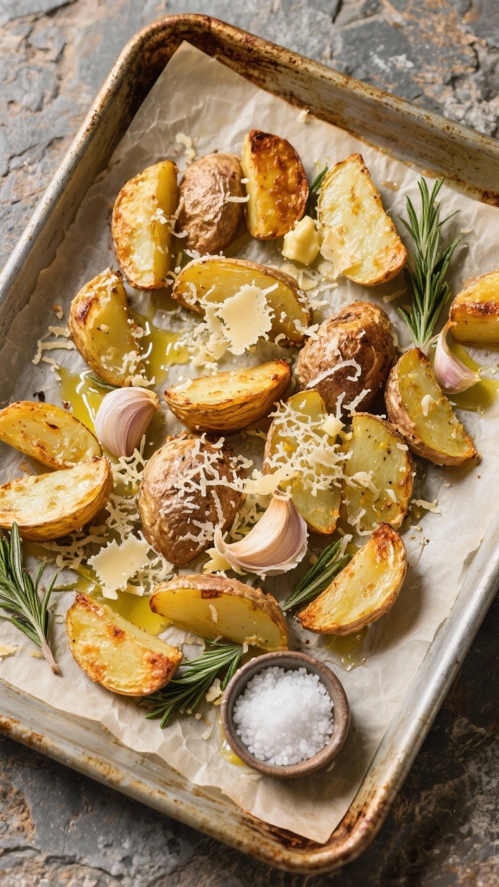 An overhead shot of crispy Parmesan roast potatoes on a parchment-lined sheet pan: Yukon Gold chunks with jagged, craggy edges, deeply golden and blistered; grated Parmesan melted into lacy frico bits; smashed garlic cloves and rosemary sprigs scattered among the potatoes; glistening from olive oil and butter; a small ramekin of kosher salt and a pinch of baking soda in frame to hint at the parboil technique; rustic metal pan on a stone surface for contrast