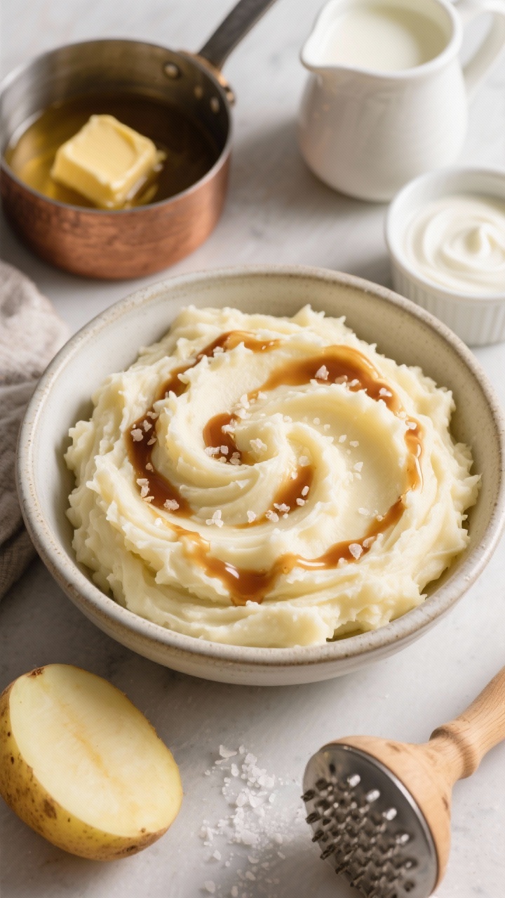 An overhead shot of ultra-creamy make-ahead mashed potatoes in a wide, shallow ceramic bowl, with ripples showing their silky texture. Streams of nutty brown butter pooled in swirls on top, dotted with browned milk solids; a few flakes of kosher salt to finish. Styled with a small saucepan of melted butter, a pitcher of warmed whole milk, and a ramekin of heavy cream nearby. A peeled Yukon Gold potato chunk and a wooden masher at the edge of the frame suggest the process; soft natural light highlighting the sheen.
