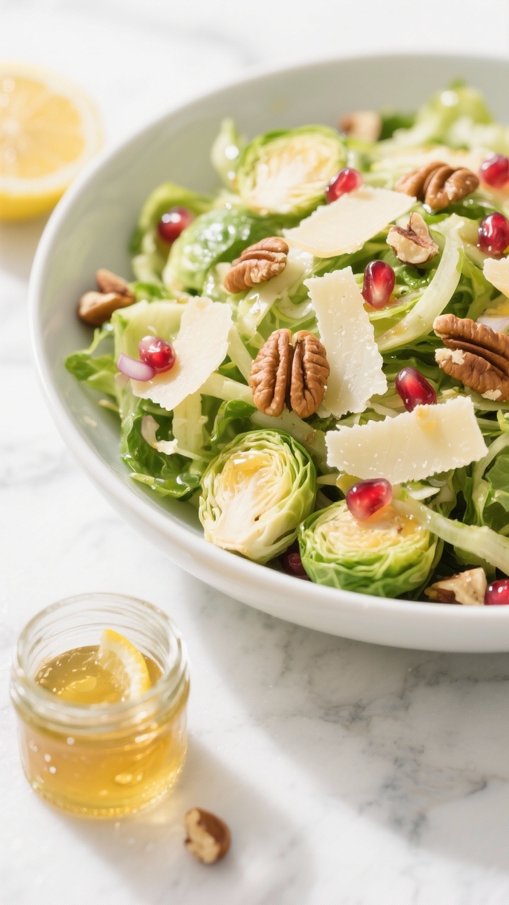 Bright, fresh 45-degree angle salad bowl shot of Shaved Brussels Sprout Salad with Pecorino, Toasted Hazelnuts, and Lemon Honey Vinaigrette: fine ribbons of Brussels sprouts piled high, glistening with vinaigrette, topped with wide shards of Pecorino Romano and rough-chopped toasted hazelnuts. Pops of optional pomegranate arils scattered for jewel-toned contrast, minced shallot sprinkled throughout. A small glass jar of lemon honey vinaigrette with droplets on the rim, zested lemon half nearby. Clean, daylight look on a white marble surface for a crisp, crunchy, vibrant feel.