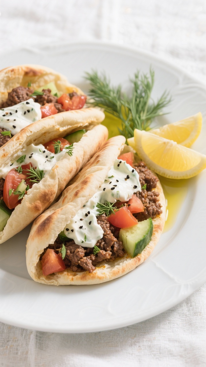 9 Leftover Ground Beef Dinners Ready in Under 20 Minutes You’ll Crave Bright Mediterranean plated scene of Greek-style beef pitas with tzatziki, overhead: warm pita pockets stuffed with oregano- and coriander-spiced ground beef, chopped tomatoes and cucumbers, and generous dollops of garlicky tzatziki; black pepper flecks visible, lemon wedges and fresh dill sprigs on the side, olive oil drizzle, clean white plate atop a light linen.