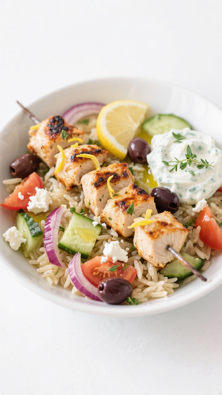 Bright overhead bowl composition of Greek-inspired chicken souvlaki (one-pan style): char-kissed pieces of boneless chicken marinated with lemon zest and juice, olive oil, salt, and pepper; served over a base of warm rice or orzo with cucumber, tomato, red onion, Kalamata olives, and crumbled feta; dollops of tzatziki on the side; sprinkled with fresh oregano and a final olive oil drizzle, clean Mediterranean styling on a white background.
