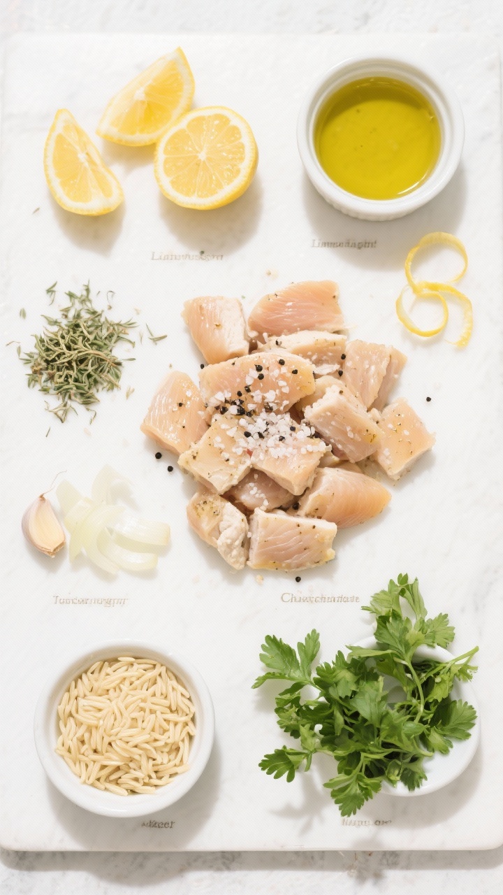 Bright overhead ingredient-prep flat lay for Lemony Light Tuscan Chicken Orzo: neat piles of 1-inch chicken tender pieces seasoned with kosher salt, black pepper, and dried oregano; uncooked orzo, finely chopped shallots, and smashed garlic cloves; halved lemons and lemon zest curls; a small dish of olive oil; handful of fresh parsley. Everything arranged on a clean white board with labeled ramekins, sunny Mediterranean palette, crisp shadows, fresh and airy mood.