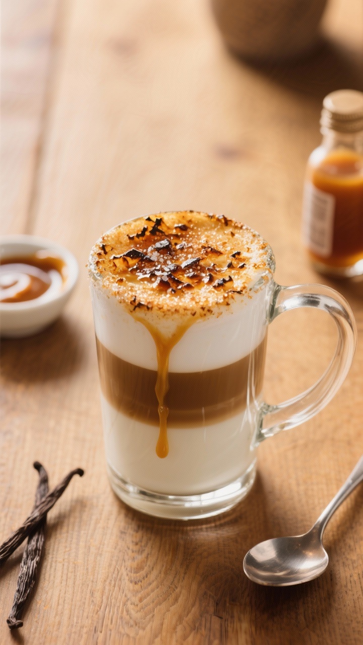 Close-up, 45-degree angle: A Caramel Brulée Latte in a clear glass mug with two visible espresso layers blended into frothy whole milk, topped with a crackly torched sugar crust and glossy caramel drizzle cascading down the rim; include a small dish of extra caramel sauce, vanilla extract bottle, and a teaspoon beside the mug on a warm wood surface, soft morning light, shallow depth of field to highlight the glassy, shattered sugar texture and creamy microfoam.