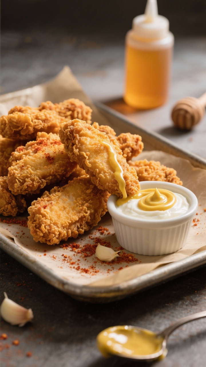 Close-up, 45-degree angle: Crispy oven “fried” chicken tenders piled on a parchment-lined sheet pan, golden craggy crust dusted with paprika and garlic powder, with a small ramekin of honey-mustard dip (Greek yogurt + Dijon) swirled and drizzled over one tender; include a squeeze bottle of honey and a spoon with Dijon smears in the background, warm directional light highlighting crunchy texture, shallow depth of field, no people.