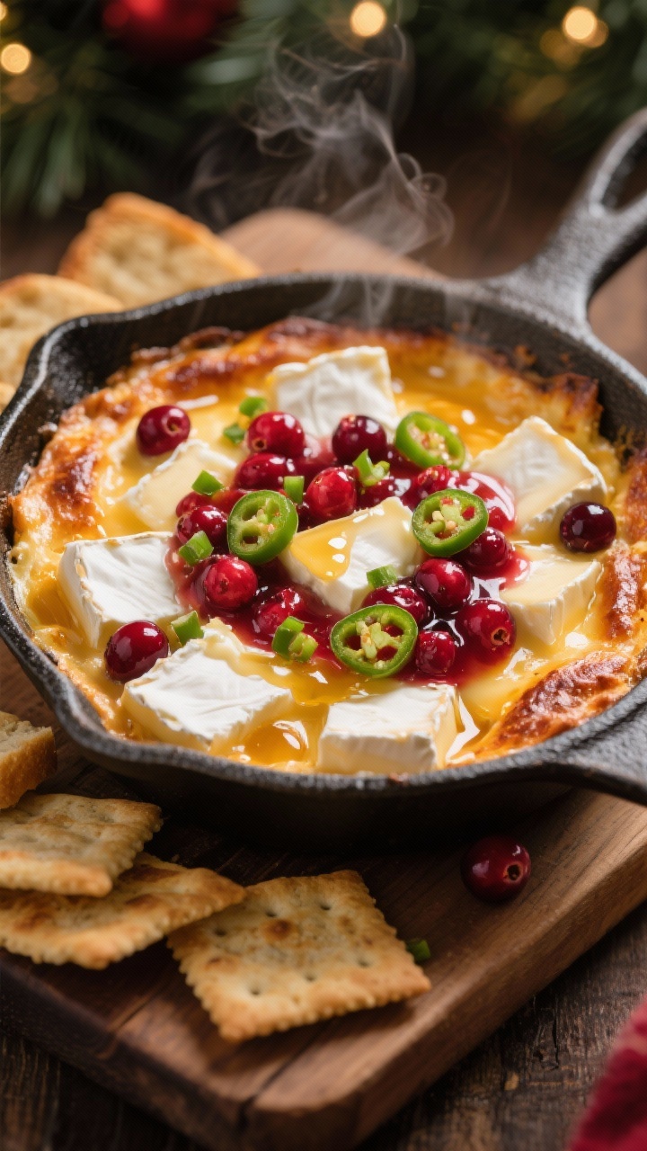 Close-up, 45-degree angle shot of a bubbly cranberry-jalapeño baked brie dip just pulled from the oven: molten 1-inch chunks of brie melted with cream cheese, swirls of glossy whole-berry cranberry sauce and finely minced jalapeño scattered on top, a light drizzle of honey catching the light. Served in a small cast-iron skillet on a rustic wooden board with crisp crackers and toasted baguette slices at the edges. Emphasize the oozy, stretchy cheese, ruby cranberries, green jalapeño flecks, and golden honey sheen. Warm, cozy holiday mood, shallow depth of field, steam visible, no people.
