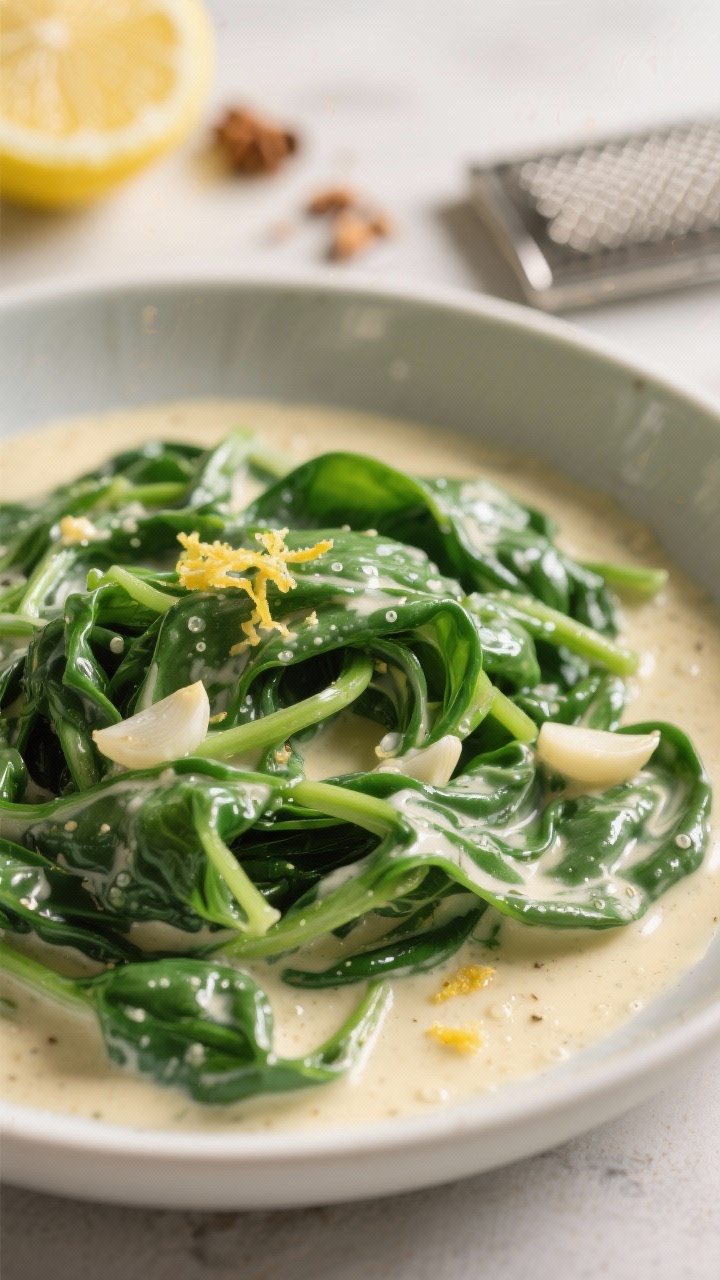 Close-up, 45-degree shot of creamed spinach in a shallow bowl: silky, vibrant green ribbons of baby spinach coated in a velvety sauce made with butter, shallot, garlic, and a whisper of flour, finished with nutmeg and bright lemon zest; micro-bubbles and gentle gloss show the creaminess without heaviness, a fine rasp with lemon and a pinch of nutmeg in soft focus behind.