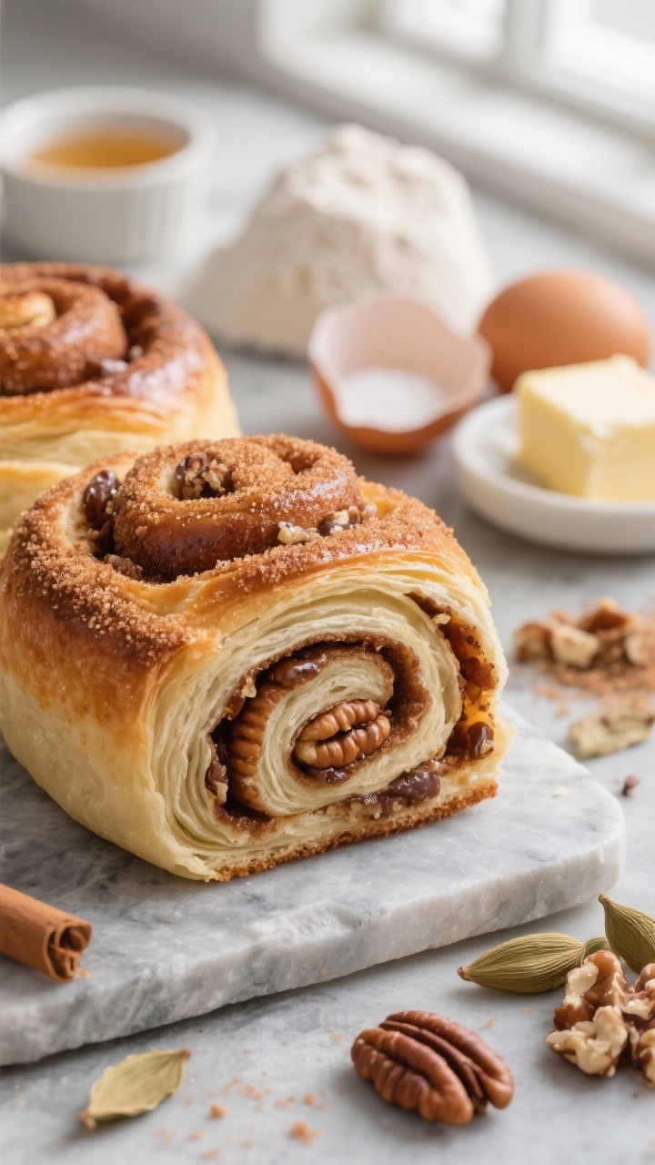 Close-up 45-degree shot of flaky Cardamom Morning Buns with a brown sugar pecan swirl: laminated layers visible, edges caramelized, cardamom sugar glittering; cross-section of one bun revealing pecan-studded spiral; include mise en place elements blurred in the background: instant yeast, warm water (110°F), sugar, two cold eggs, fine salt, all-purpose flour, cold unsalted butter in cubes, crushed cardamom pods, and chopped pecans; presented on a cool stone surface with soft window light for crisp texture emphasis.