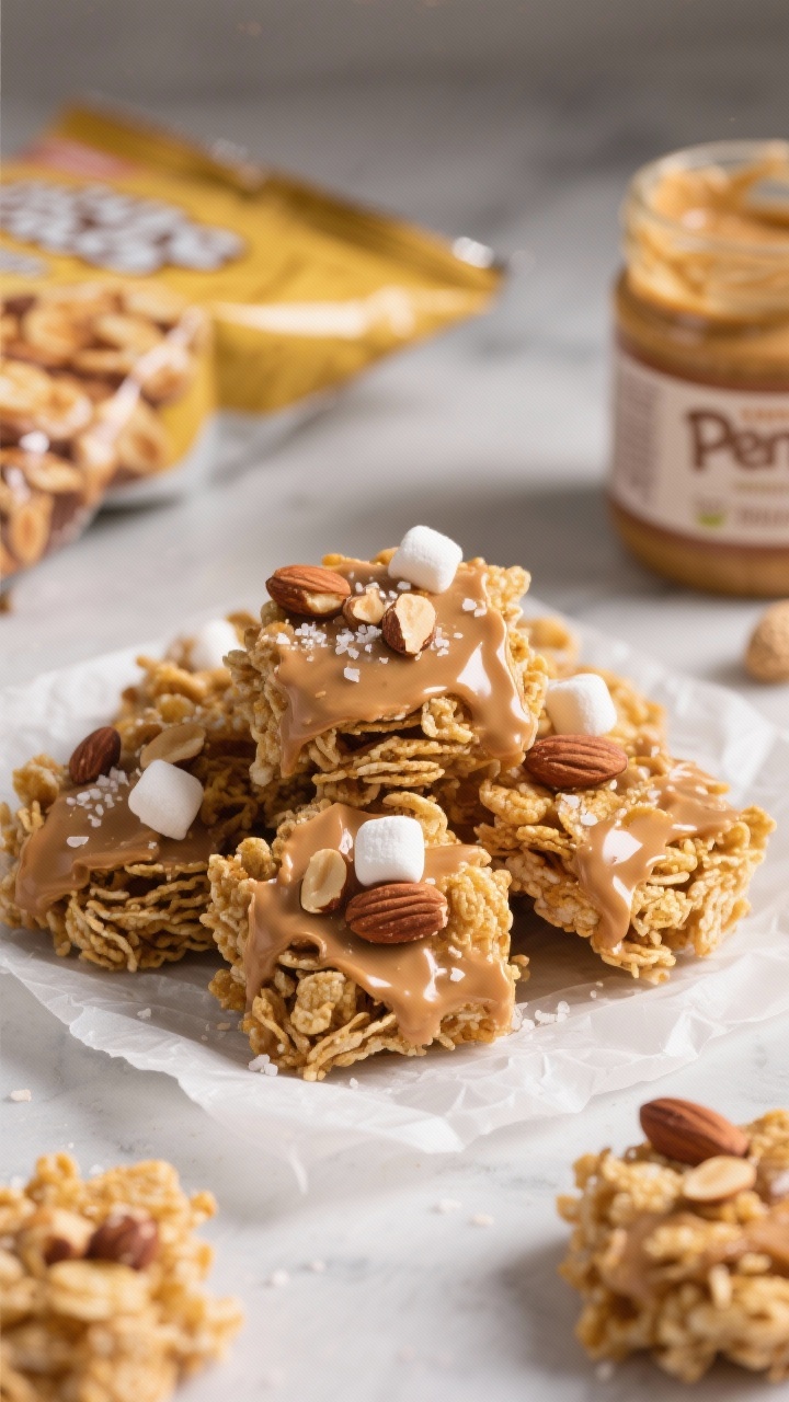 Close-up 45-degree shot of no-bake cornflake haystacks mounded on parchment, glossy butterscotch-peanut butter coating clinging to cornflake layers, a sprinkle of flaky salt on top; optional clusters studded with roasted peanuts and mini marshmallows, with the open bag of butterscotch chips and a jar of creamy peanut butter nearby.