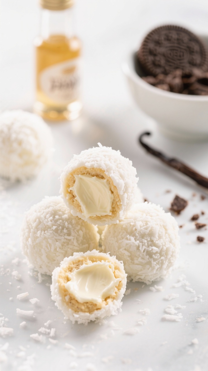 Close-up 45-degree shot of snowball cookie truffles: round, creamy vanilla cookie and cream cheese centers rolled in a thick blanket of shredded coconut, a few cut open to show smooth interior; vanilla extract bottle and crushed vanilla sandwich cookies in a small bowl nearby, bright high-key lighting on white surface.