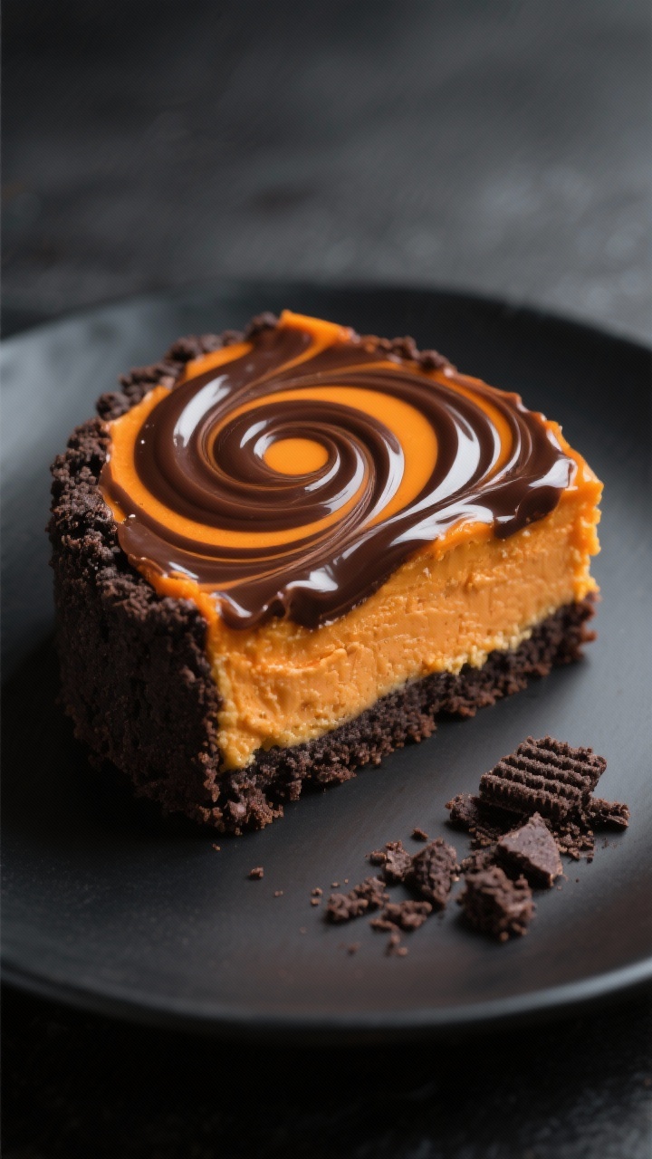 Close-up 45-degree shot of Swirled Chocolate Pumpkin Cheesecake: a glossy marbled surface where deep cocoa swirls meet burnt-orange pumpkin cheesecake, set over a dark chocolate wafer crust (chocolate wafer crumbs or Oreo crumbs without filling, melted butter, sugar, pinch of salt). The crust looks slightly sandy and crisp at the edges; the swirl is sharp and graphic. Serve a single impeccable slice on a matte black plate with a few chocolate wafer crumbs scattered. Rich contrast, precise focus on swirl pattern, elegant, no people.