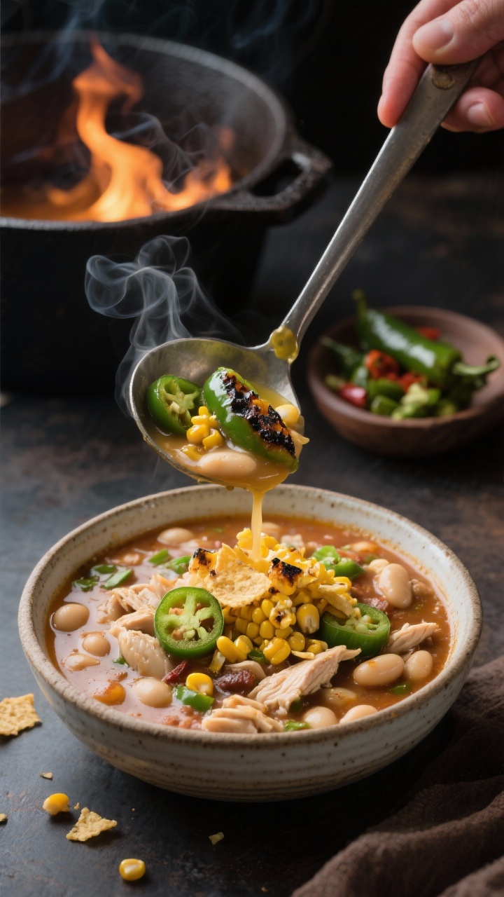 Close-up action shot of fire-roasted jalapeño white bean chicken chili being ladled into a rustic bowl: charred-skinned jalapeño flecks and roasted poblano bits dotting the creamy base, tender chicken and cannellini beans visible; topped with crunchy golden corn toppers (toasted corn kernels or crumbled corn chips) for texture contrast; a drizzle of avocado oil glistening, smoky aroma implied by wisps of steam; background shows a cast-iron pot and a small dish of chopped roasted peppers; moody, directional light to emphasize char and crunch.