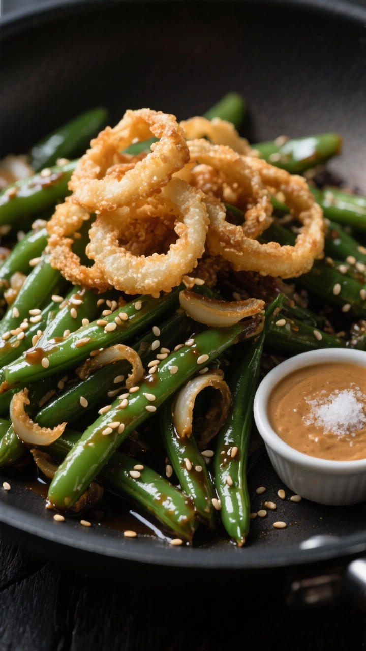 Close-up action shot of ginger-miso green beans with toasted sesame and crispy shallots: glossy, just-tender green beans tossed in a savory ginger-miso glaze, seeds of toasted sesame clinging to the surface. On top, a heap of ultra-crispy shallot rings—lightly floured with cornstarch and fried to a deep golden—adding crunchy texture. A small ramekin of extra miso-ginger sauce and a pinch of kosher salt at the edge of the frame. Shot straight-on at shallow depth, dramatic side lighting to accent sheen and crispness, set in a dark wok or black skillet for contrast.