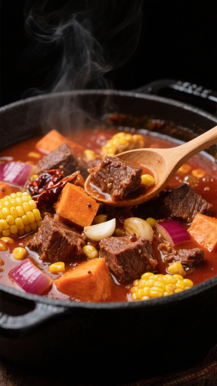 Close-up action shot of “Smoky Chipotle Beef Stew With Sweet Potatoes And Corn” mid-simmer in a matte black pot: beef chuck cubes nestled among vibrant orange chunks of sweet potato, yellow corn kernels, minced garlic, and diced red onion; smoky reddish broth with visible chipotle flecks clinging to the meat; neutral oil shimmer, tiny bubbles around the edges, a wooden spoon pulling up a spoonful to reveal texture; bold Southwest color palette, shallow depth of field, steam captured against a dark background.