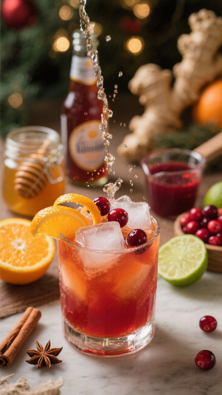 Close-up action shot of Spiced Cran-Clementine Punch being topped with chilled ginger beer, visible fizz racing through a ruby-amber mixture. Served in a short rocks glass over large clear ice, garnished with clementine peel twist, a few floating cranberries, and a lime wheel. Include ingredient hints in the blurred background: a jar of spiced honey syrup, clementines (some juiced), a measuring cup of 100% cranberry juice, limes, and a ginger beer bottle. Warm, cozy holiday tone with cinnamon sticks and star anise props to signal spice; shallow depth of field, rich contrast.
