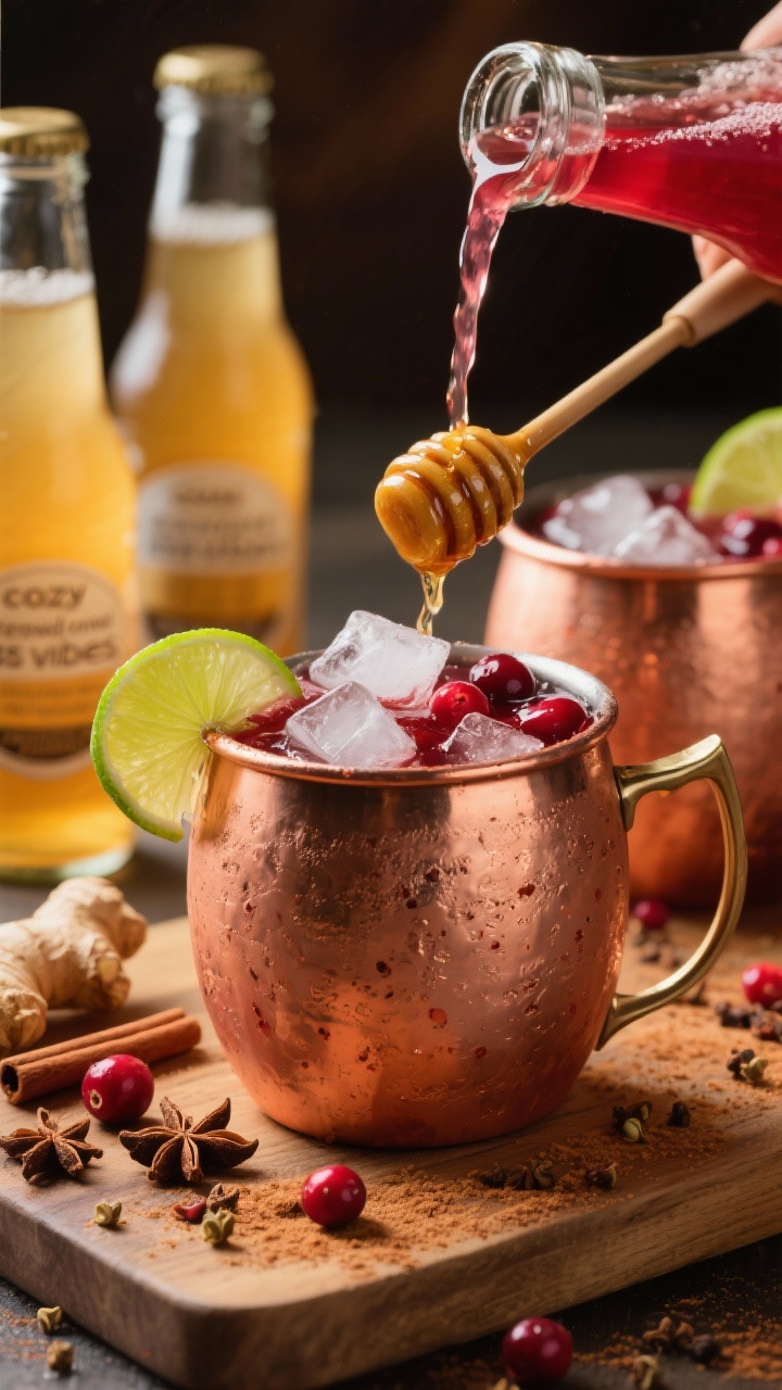 Close-up action shot of Spiced Cranberry Mule Punch being poured over pebble ice in copper mule mugs, showing a deep cranberry-red liquid with tiny flecks of cinnamon; lime wheels tucked on the rim, a drizzle of honey visible on a spoon, and a dusting of ground cinnamon and allspice on the surface; ginger beer bottles in the background ready to top; warm, cozy lighting to emphasize “cozy crowd vibes,” with cloves and allspice berries scattered on a wooden board.