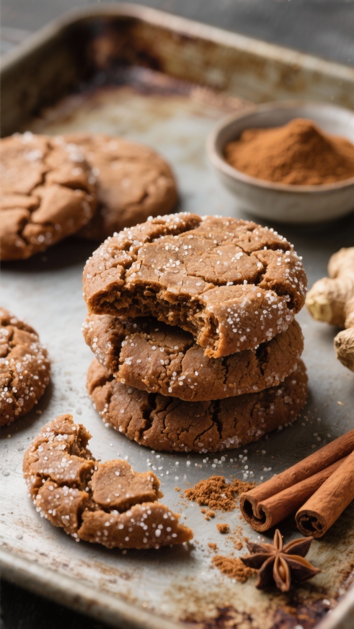 Close-up at 45-degree angle of chewy ginger molasses cookies with pronounced sugary crinkle tops: warm brown tones, visible crackles dusted with granulated sugar sparkle, stacked cookies with one broken to show soft interior; cinnamon sticks, ground ginger, cloves, and a small bowl of brown sugar artfully placed in the background on a rustic baking tray.