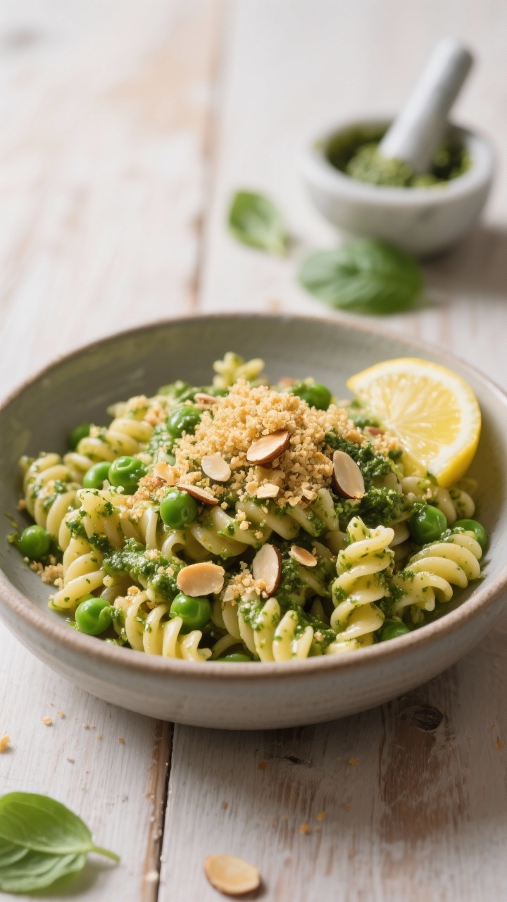 Close-up beauty shot of zesty pesto pea pasta with toasty almond breadcrumbs: whole-wheat or chickpea fusilli tightly coated in vibrant basil pesto (basil, optional parsley) with sweet green peas tucked into the grooves; topped with a crunchy layer of golden toasted sliced almonds blitzed into coarse breadcrumbs, a drizzle of olive oil, and a squeeze of lemon off-frame implied by zest curls; served in a matte ceramic bowl on a light wood table with a small mortar of pesto and scattered basil leaves; crisp, fresh, springlike mood.