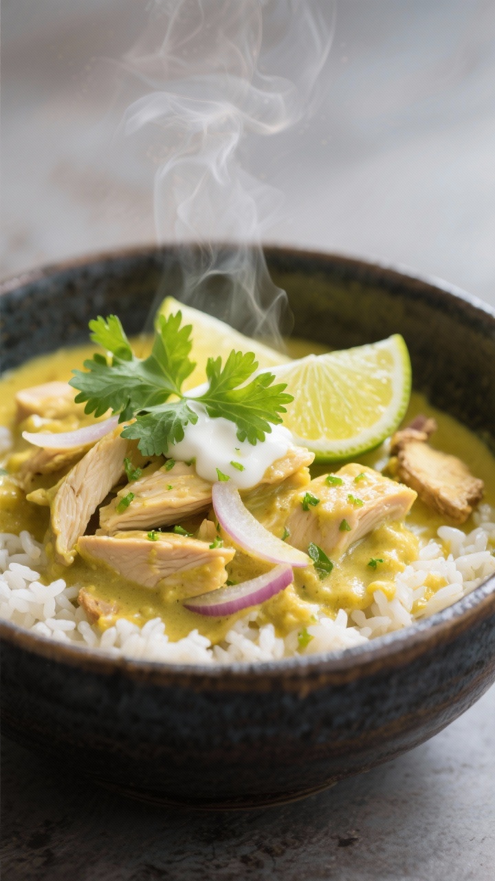 Close-up bowl of coconut-lime chicken curry: thinly sliced chicken in a creamy coconut base with onion, minced garlic, grated fresh ginger, and lime zest; wedges of lime and a drizzle of coconut cream on top; cilantro leaves scattered; steam visible; vibrant yellow-green hues, served over jasmine rice in a dark ceramic bowl for color pop.