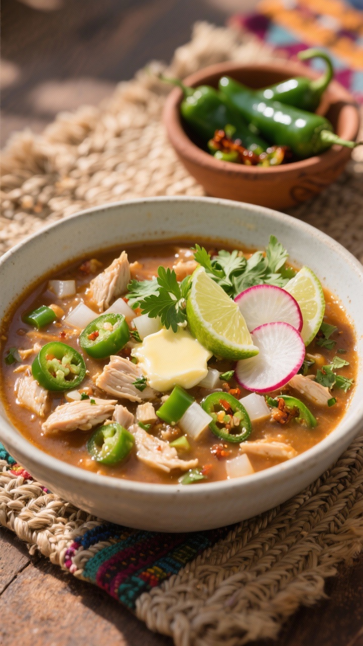 Close-up bowl shot of Hatch green chile white chicken chili, highlighting New Mexico heat and big flavor: luscious, slightly thick chili studded with chopped roasted Hatch green chiles (mild-to-hot mix), tender chicken, diced onion, and garlic; hints of cumin and Mexican oregano visible; finished with a pat of melted butter sheen, garnished with thinly sliced radish, lime wedge, and torn cilantro; warm, sunlit Southwest styling with a woven textile beneath and a small bowl of extra roasted Hatch chiles nearby, no people.