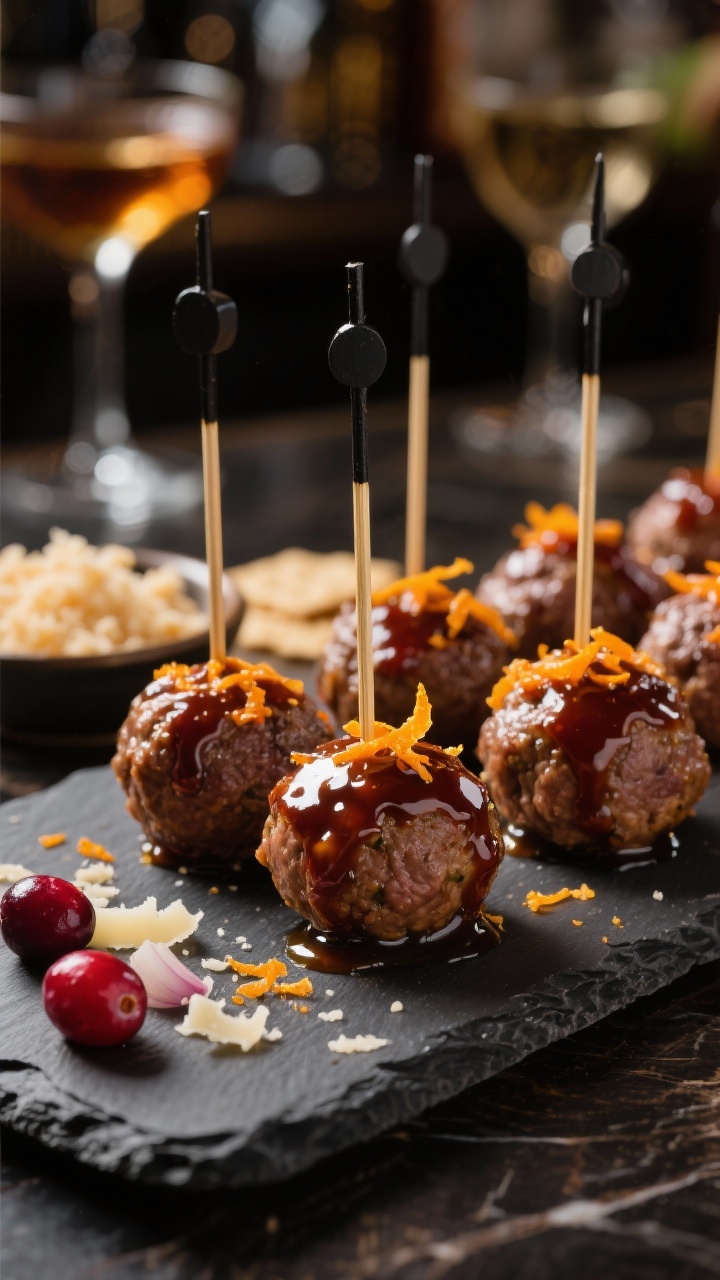 Close-up cocktail-party presentation of Cranberry-Bourbon Meatballs at 45 degrees: glistening bite-size beef and veal/pork meatballs skewered with sleek picks, lacquered with a cranberry-bourbon glaze that catches the light; vivid orange zest sprinkled on top providing citrus sparkle; subtle hints of ingredients nearby—grated Parmesan in a tiny dish, fresh breadcrumbs/crushed buttery crackers, minced shallot; a dark slate platter for contrast, bokeh bar-like background to evoke cocktail hour, rich, elegant tones, ultra-sharp focus on the glossy glaze and orange zest.