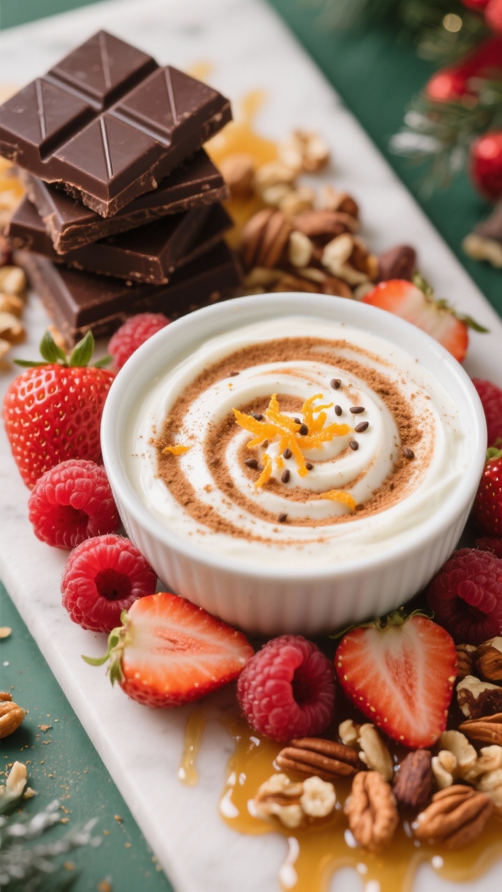 Close-up dessert board for the “Festive Fruit, Nut, and Dark Chocolate Balance Board”: a bowl of vanilla Greek yogurt (or coconut yogurt) swirled with ground cinnamon, a pinch of nutmeg, and orange zest, surrounded by halved strawberries, raspberries, a neat stack of dark chocolate squares with snap marks, and a scatter of toasted mixed nuts; honey drizzle optional for gloss; bright, cheerful holiday tones with pops of red and orange; macro focus on yogurt swirl, berry seeds, and chocolate sheen; no people.