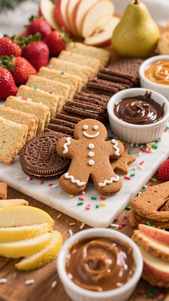 15 Festive Christmas Charcuterie Board Ideas for Holiday Parties That Wow Close-up dessert charcuterie spread with gingerbread focus: gingerbread men and stars, neat rows of shortbread and chocolate wafer cookies, strawberries, fan-sliced apples and pears brushed with lemon; three dip bowls (vanilla icing, chocolate ganache, caramel) with drips; festive sprinkles scattered; warm, inviting light, crisp cookie textures.