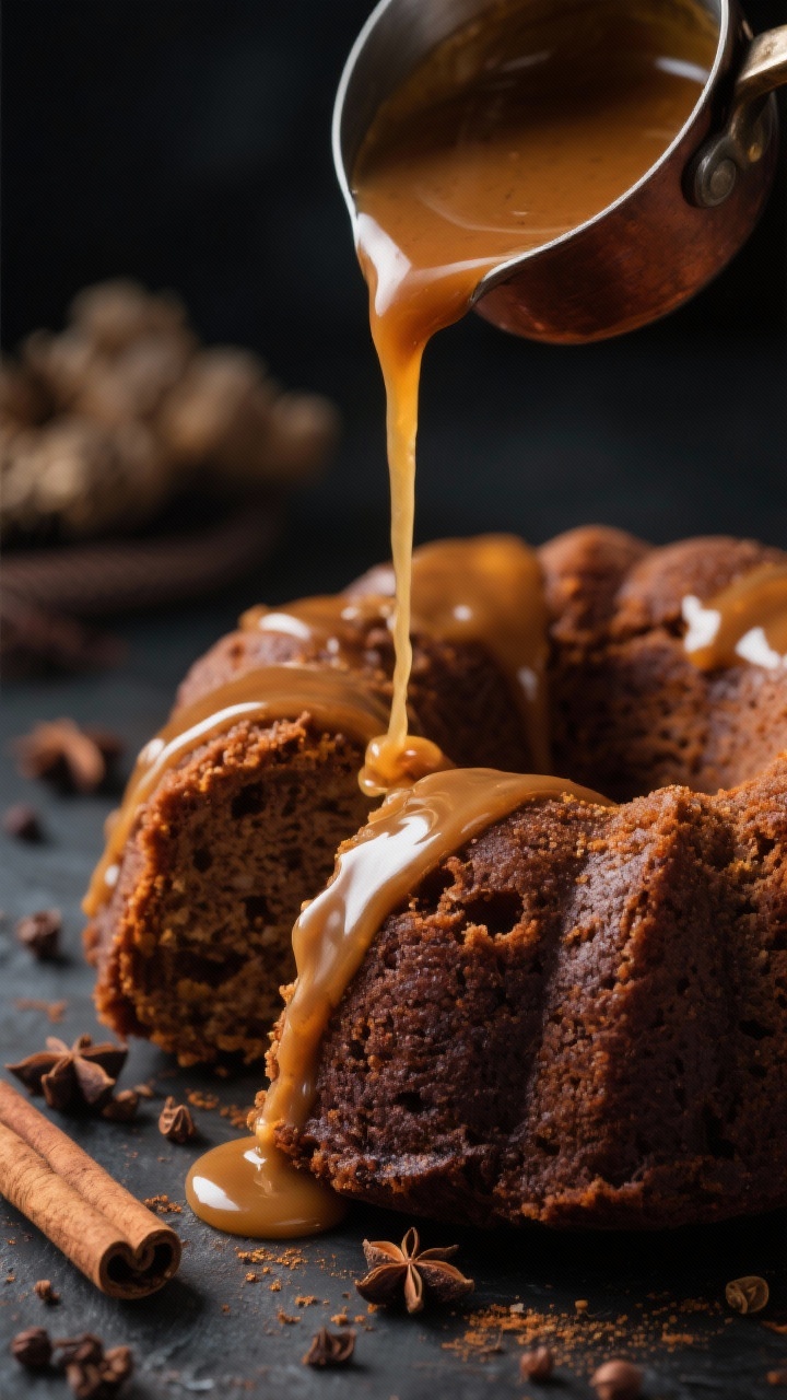 Close-up detail of a slice of Gingerbread Molasses Bundt being drizzled with glossy hot buttered rum glaze, captured mid-pour so the glaze ribbons over the dark, molasses-rich crumb. Spiced aroma suggested by visible ground ginger, cinnamon sticks, whole cloves, and allspice berries scattered artfully. The Bundt’s tight crumb and deep mahogany color dominate, with a small saucepan of warm glaze in the background. Low-key lighting for winter coziness; macro focus on sticky glaze sheen and spice-dusted surface.