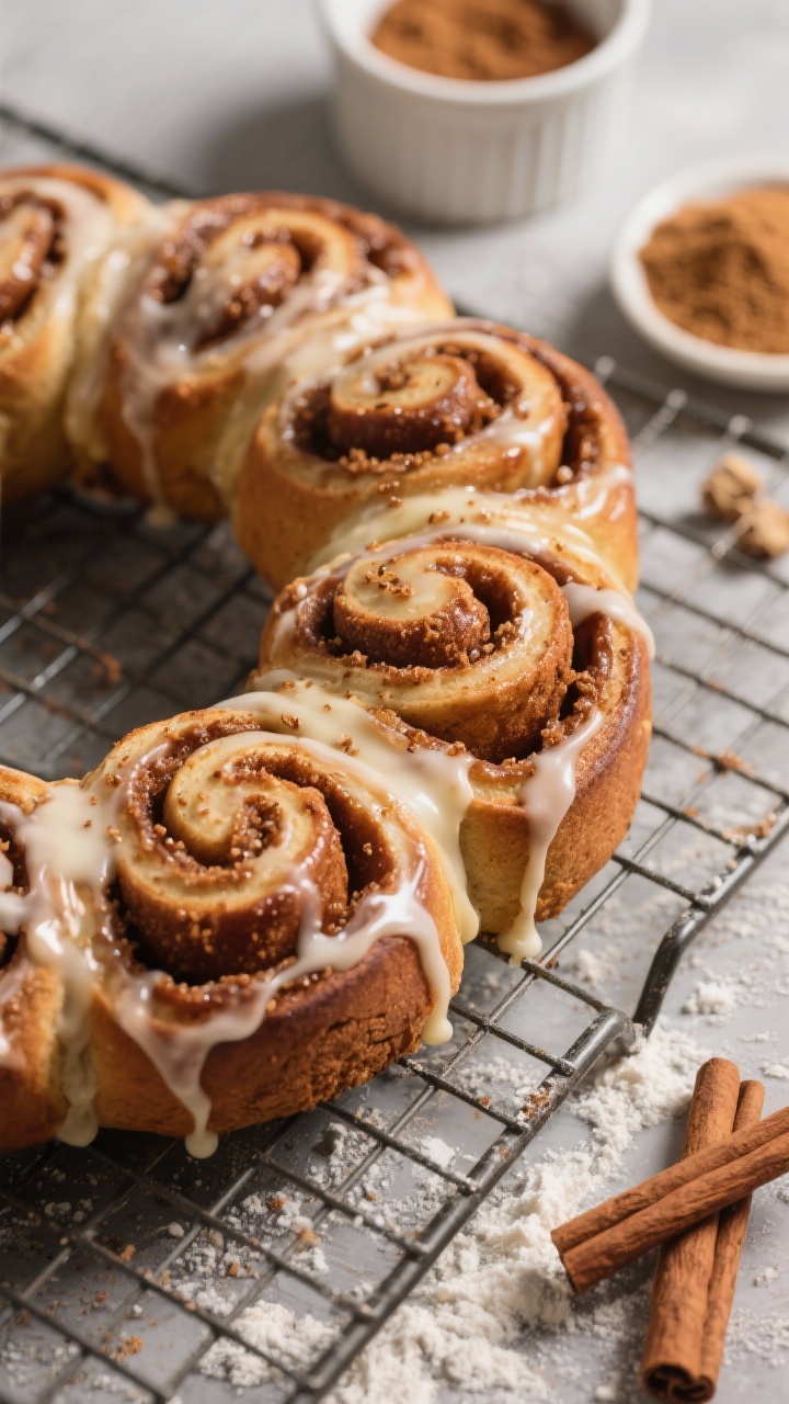 Close-up detail shot of a gingerbread cinnamon roll wreath on a cooling rack: glossy vanilla glaze drizzling into the tight swirls, cinnamon and ginger speckling the brown-sugar filling, edges caramelized and slightly crisp. Include a ramekin of ground cinnamon, a pinch bowl of ground ginger, and a small heap of brown sugar nearby, plus a dusting of extra flour on the counter to hint at hand-mixed dough. Warm, inviting tones with shallow depth of field to emphasize sticky, gooey texture.