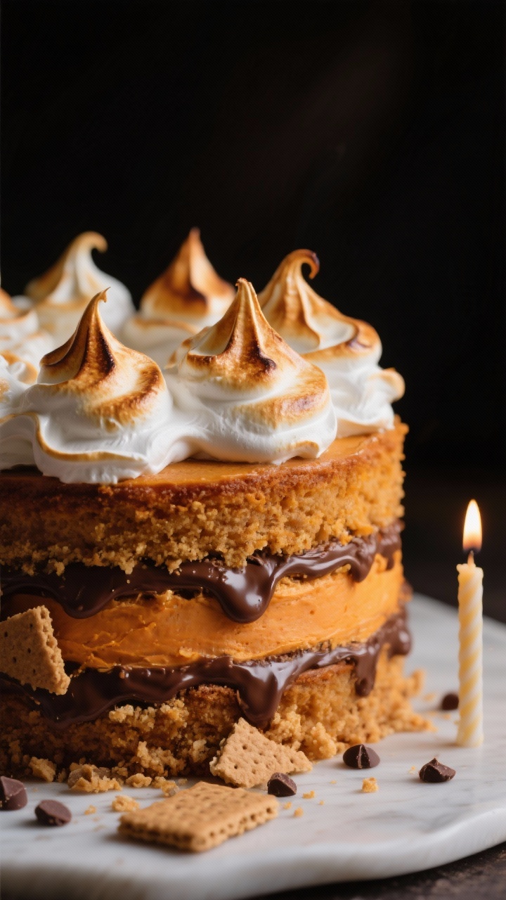 Close-up, dramatic 45-degree shot of a Sweet Potato S’mores Birthday Cake with toasted meringue: rich sweet potato cake layers sandwiched with chocolate ganache and graham crumb, crowned with billowy Swiss meringue torched to golden peaks. Visible graham cracker shards and a few mini chocolate pieces pressed into the sides, a subtle birthday candle off to the side unlit. Warm, moody lighting to accent caramelized meringue tips and glossy ganache, shallow depth to make the toasted texture look irresistible.
