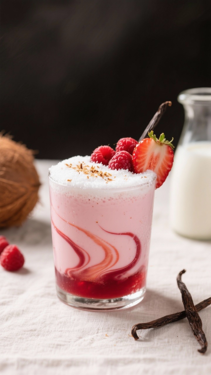 Close-up hero shot of Snowy Vanilla Berry Cream Punch (dairy-free): creamy pink swirl in a clear tumbler showcasing strawberry puree and raspberry puree ribboned into cranberry juice and coconut milk beverage, with delicate vanilla bean specks visible; topped with a light coconut foam cap and a dusting of finely grated vanilla bean; garnish with a halved strawberry and a few floating raspberries; shallow depth of field to emphasize velvety texture and glossy berry sheen; set on a pale linen with a small carafe of coconut milk and a split vanilla pod in the background.