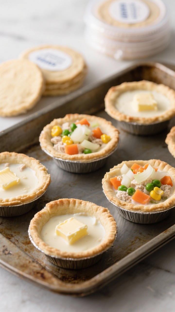Close-up ingredient-and-assembly scene for mini freezer-friendly pot pies: a baking sheet of small ramekins filled with a creamy mixture made from butter-sweated finely chopped onion, diced mixed vegetables (carrots, corn, peas), flour-thickened chicken broth, and cream/evaporated milk; lids or small crust rounds ready to top, labeled freezer-safe lids in the background; vibrant colors, tidy portions, sharp focus on textures, bright light, no people.
